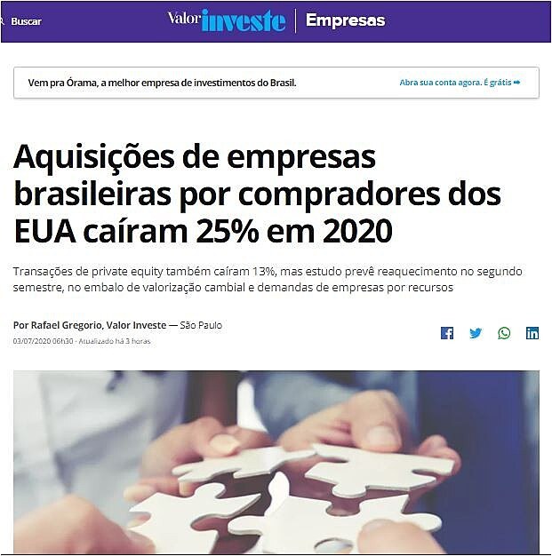 Aquisies de empresas brasileiras por compradores dos EUA caram 25% em 2020
